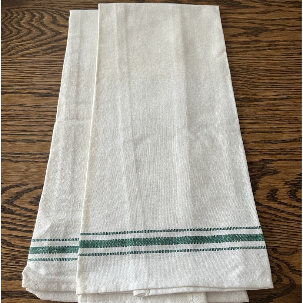 2 Kitchen Tea Hand Towels Light Cotton Green & White Stripes Pakistan 26 x 15